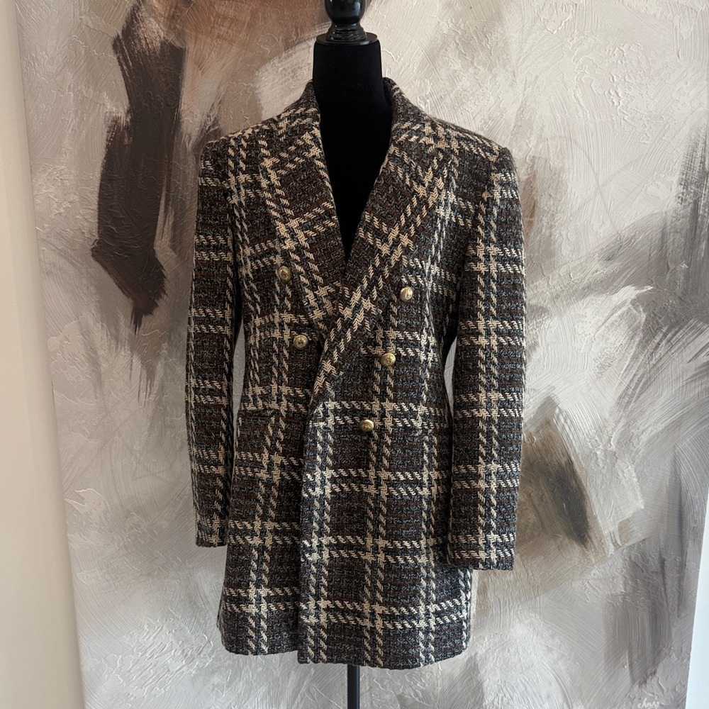 Herringbone Double-Breasted Coat with Gold Buttons